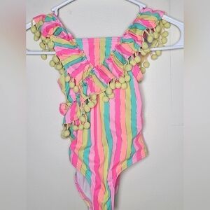 Girl's Nicole Miller Striped Pom Bathing Suit, Size 4